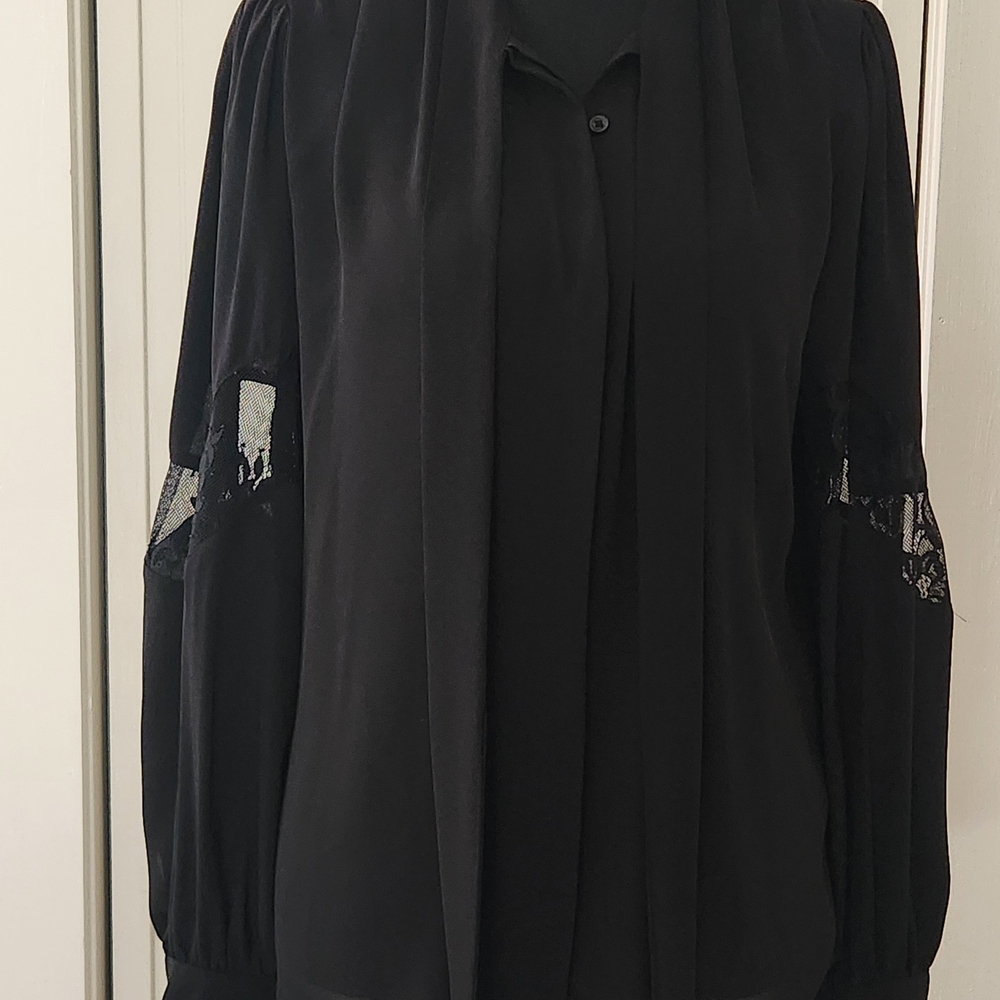 Express Black Long-Sleeve Blouse with Lace Sleeve Insets